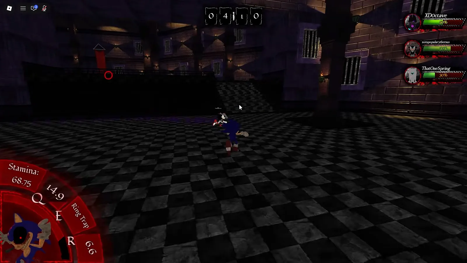 Survivor executing a mid-air Homing Attack stun on the Killer in Abyssal Escape