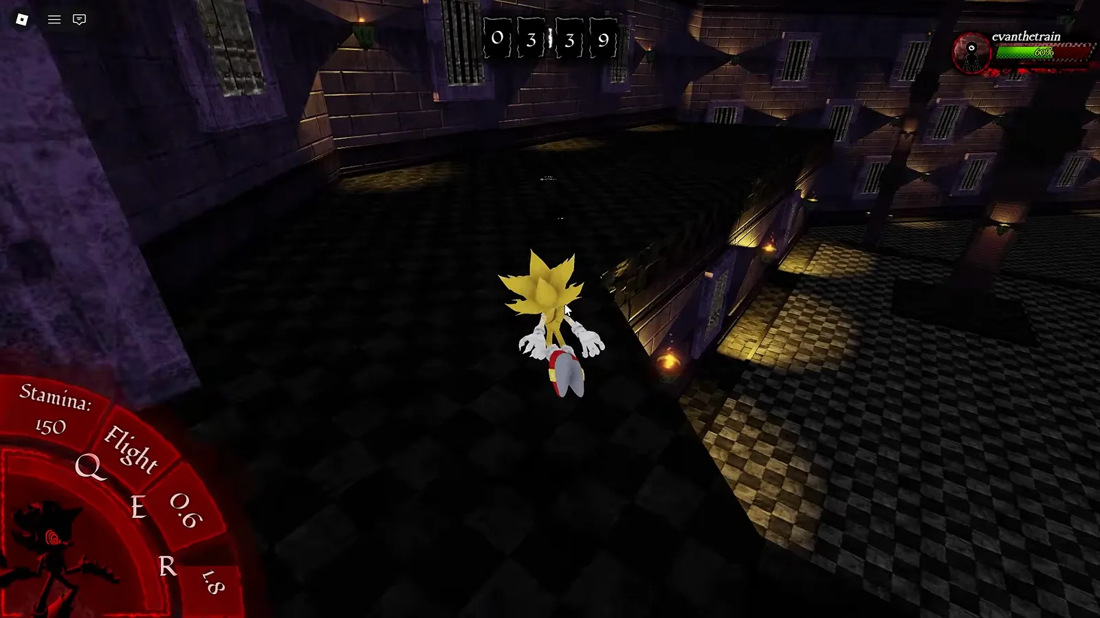 Fleetway Super Sonic hovering above the checkered dungeon floor with golden chaos aura in Abyssal Escape
